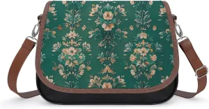 PU Leather Crossbody Bag Green Floral Wallpaper Print Flapover Tote Bag Shoulder Handbag Purse for Women with Adjustable Strap