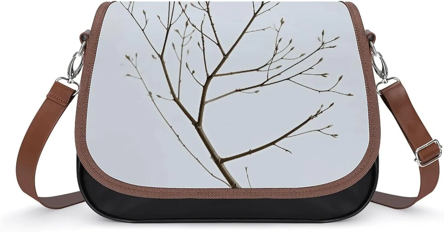 PU Leather Crossbody Bag Isolated Tree Branch Print Flapover Tote Bag Shoulder Handbag Purse for Women with Adjustable Strap