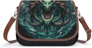 PU Leather Crossbody Bag Nordic Sea Monster Kraken with Special Effects Mythological Totem Print Flapover Tote Bag Shoulder Handbag Purse for Women with Adjustable Strap