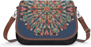 PU Leather Crossbody Bag Old Oriental Style Mosaic Composition with Inter-mandala Motifs Print Flapover Tote Bag Shoulder Handbag Purse for Women with Adjustable Strap