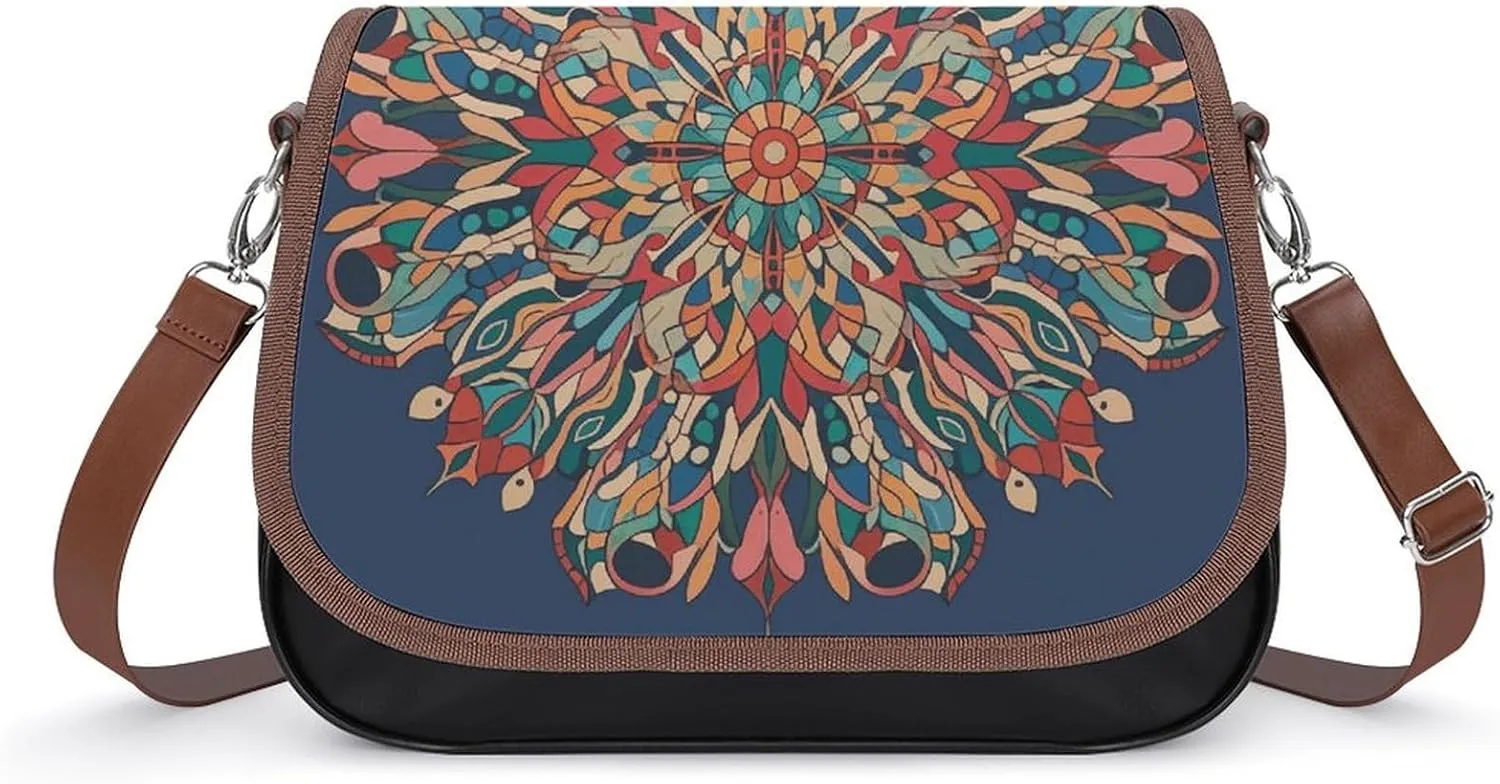 PU Leather Crossbody Bag Old Oriental Style Mosaic Composition with Inter-mandala Motifs Print Flapover Tote Bag Shoulder Handbag Purse for Women with Adjustable Strap