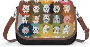 PU Leather Crossbody Bag Pet Puppy Print Flapover Tote Bag Shoulder Handbag Purse for Women with Adjustable Strap