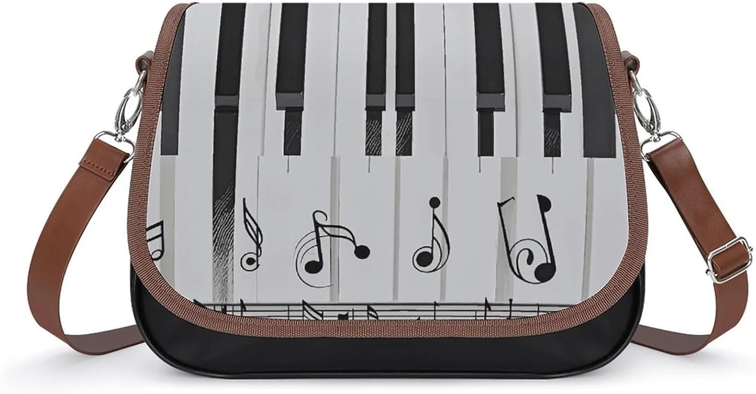 PU Leather Crossbody Bag Piano Keys Print Flapover Tote Bag Shoulder Handbag Purse for Women with Adjustable Strap