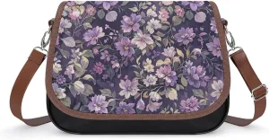 PU Leather Crossbody Bag Purple Vine Vignette Print Flapover Tote Bag Shoulder Handbag Purse for Women with Adjustable Strap