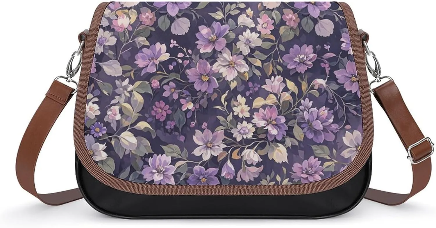 PU Leather Crossbody Bag Purple Vine Vignette Print Flapover Tote Bag Shoulder Handbag Purse for Women with Adjustable Strap