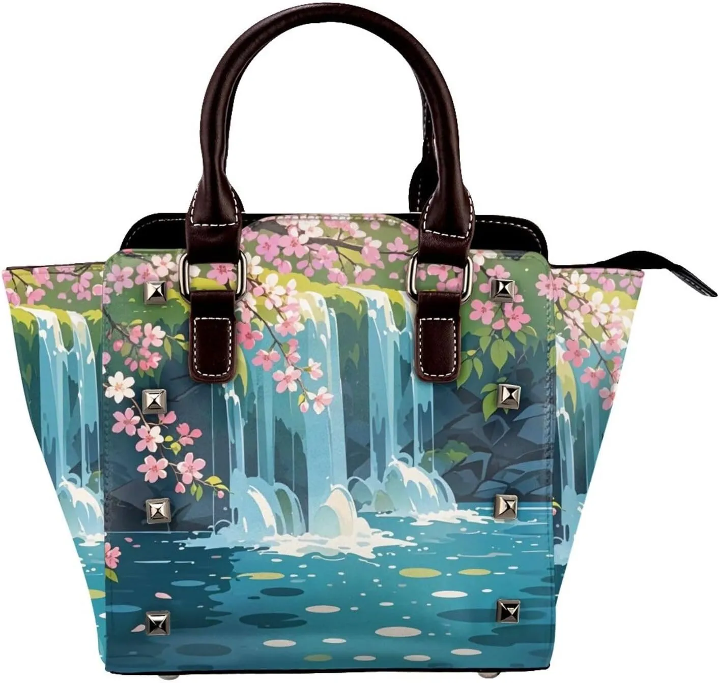 PU Leather Rivet Shoulder Bag for Women,Blossom Cascade Print Women's Crossbody Handbag Purse Adjustable & Removable Strap Small Tote Bags