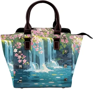 PU Leather Rivet Shoulder Bag for Women,Blossom Cascade Print Women's Crossbody Handbag Purse Adjustable & Removable Strap Small Tote Bags