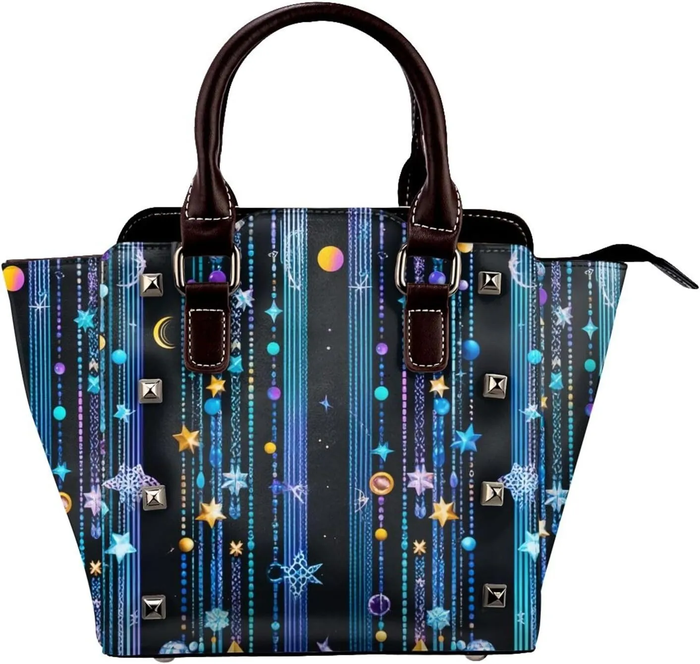 PU Leather Rivet Shoulder Bag for Women,Celestial Cascade Print Women's Crossbody Handbag Purse Adjustable & Removable Strap Small Tote Bags