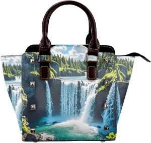 PU Leather Rivet Shoulder Bag for Women,Coastal Cascade Print Women's Crossbody Handbag Purse Adjustable & Removable Strap Small Tote Bags