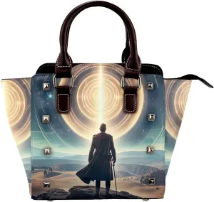 PU Leather Rivet Shoulder Bag for Women,Enigmatic Echoes Print Women's Crossbody Handbag Purse Adjustable & Removable Strap Small Tote Bags