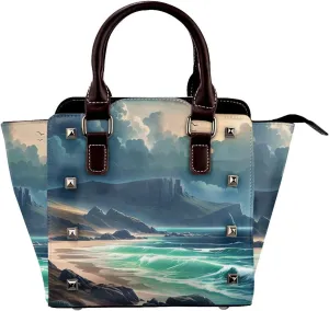 PU Leather Rivet Shoulder Bag for Women,Enigmatic Shores Print Women's Crossbody Handbag Purse Adjustable & Removable Strap Small Tote Bags