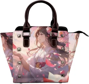 PU Leather Rivet Shoulder Bag for Women,Flower Petals Print Women's Crossbody Handbag Purse Adjustable & Removable Strap Small Tote Bags