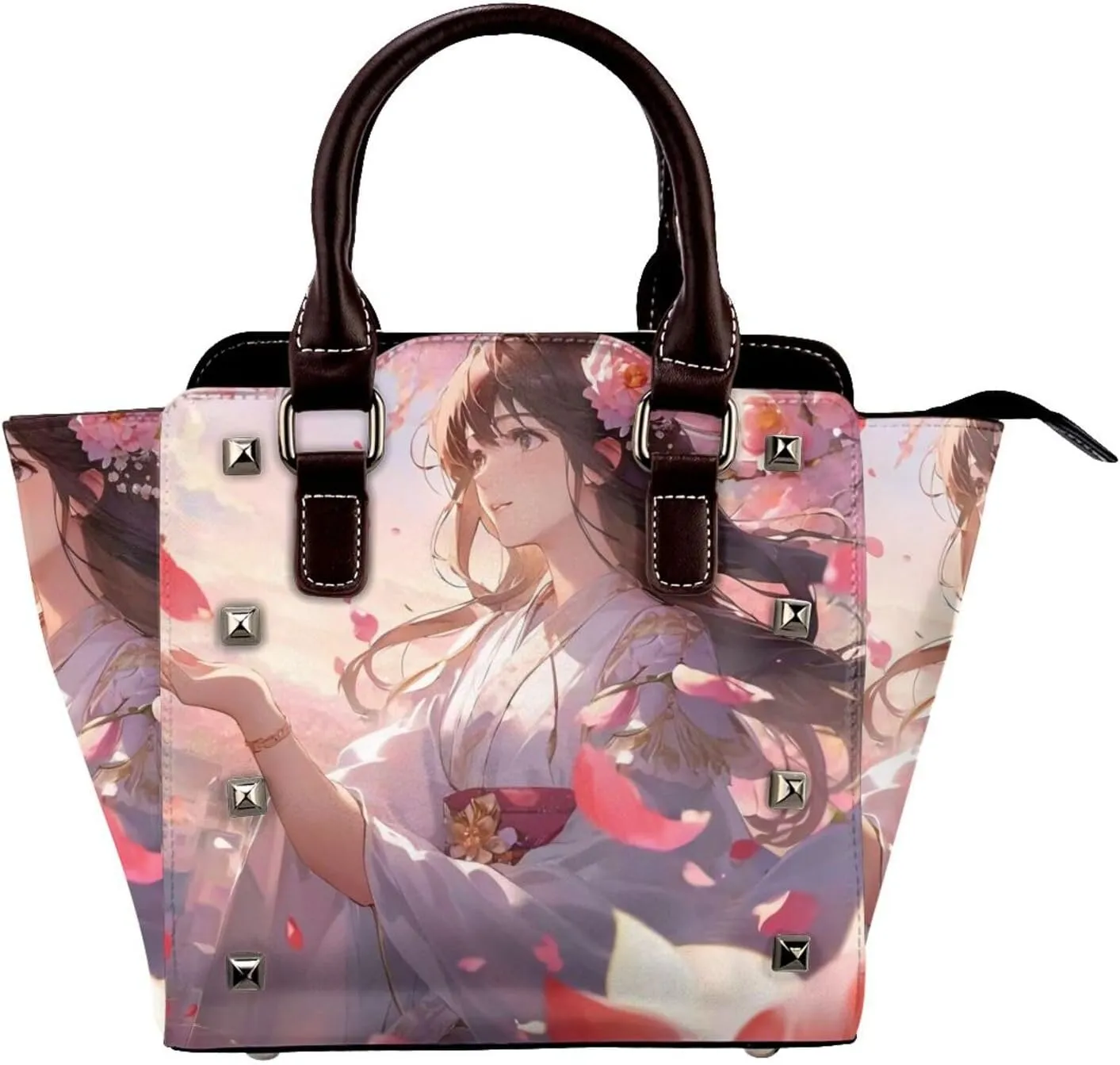 PU Leather Rivet Shoulder Bag for Women,Flower Petals Print Women's Crossbody Handbag Purse Adjustable & Removable Strap Small Tote Bags