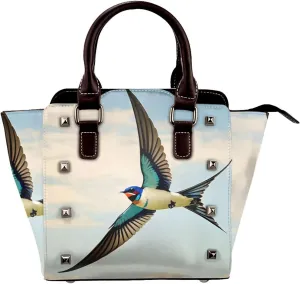 PU Leather Rivet Shoulder Bag for Women,Gliding Swallow Print Women's Crossbody Handbag Purse Adjustable & Removable Strap Small Tote Bags