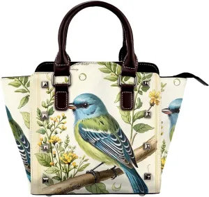 PU Leather Rivet Shoulder Bag for Women,Melodious Songbird Print Women's Crossbody Handbag Purse Adjustable & Removable Strap Small Tote Bags
