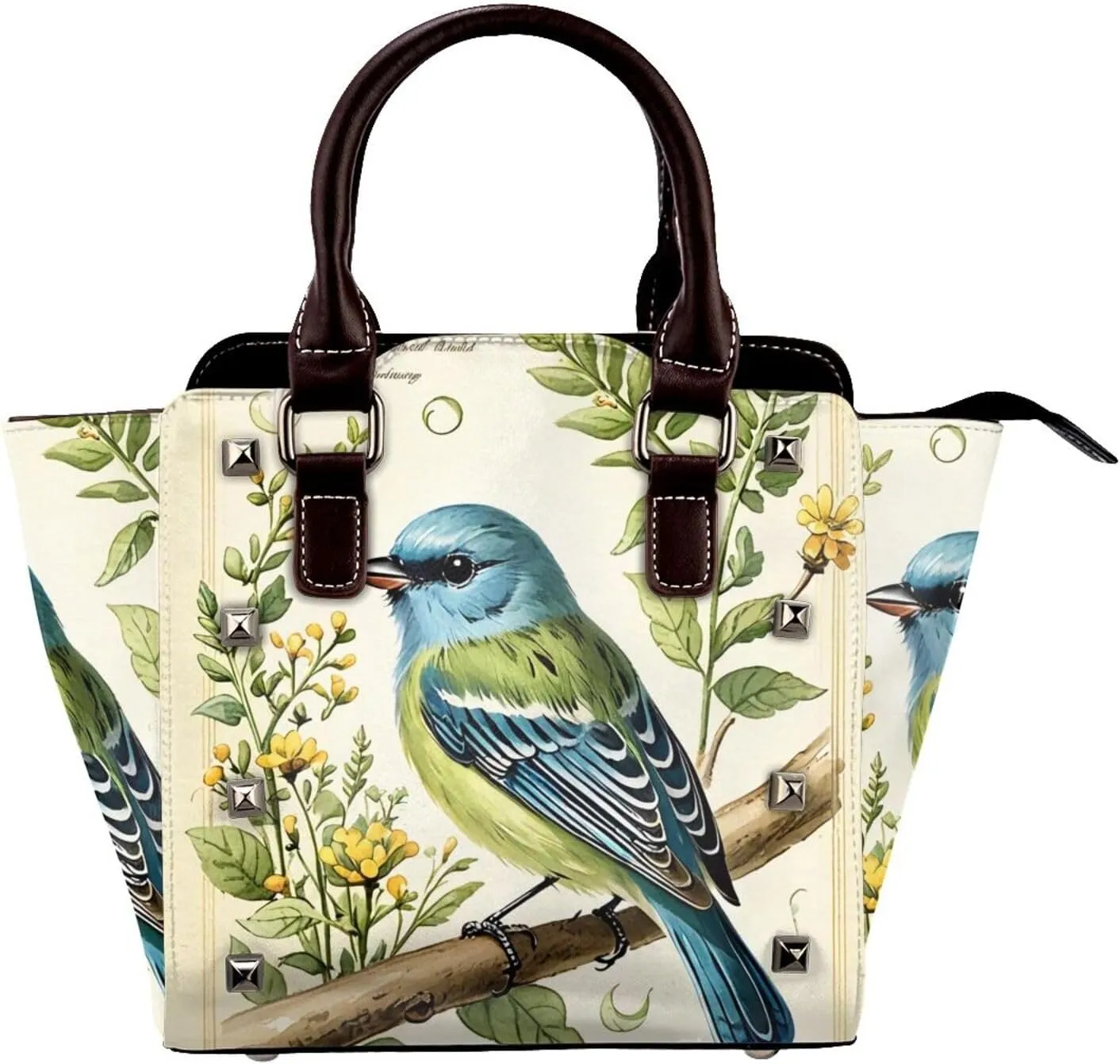 PU Leather Rivet Shoulder Bag for Women,Melodious Songbird Print Women's Crossbody Handbag Purse Adjustable & Removable Strap Small Tote Bags