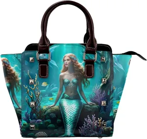 PU Leather Rivet Shoulder Bag for Women,Mystical Mermaid Print Women's Crossbody Handbag Purse Adjustable & Removable Strap Small Tote Bags
