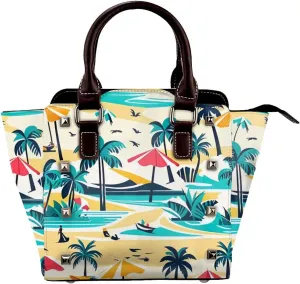 PU Leather Rivet Shoulder Bag for Women,Tropical Beach Print Women's Crossbody Handbag Purse Adjustable & Removable Strap Small Tote Bags