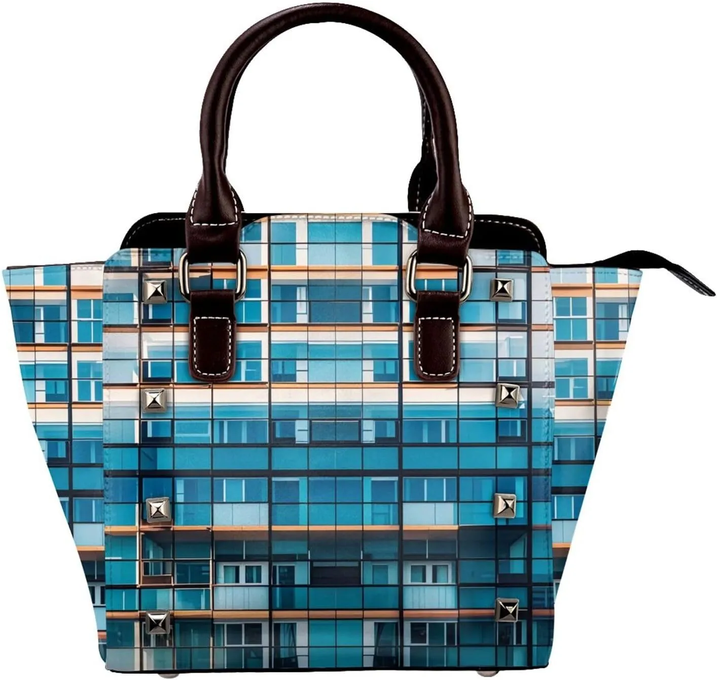 PU Leather Rivet Shoulder Bag for Women,Urban Reflections Print Women's Crossbody Handbag Purse Adjustable & Removable Strap Small Tote Bags