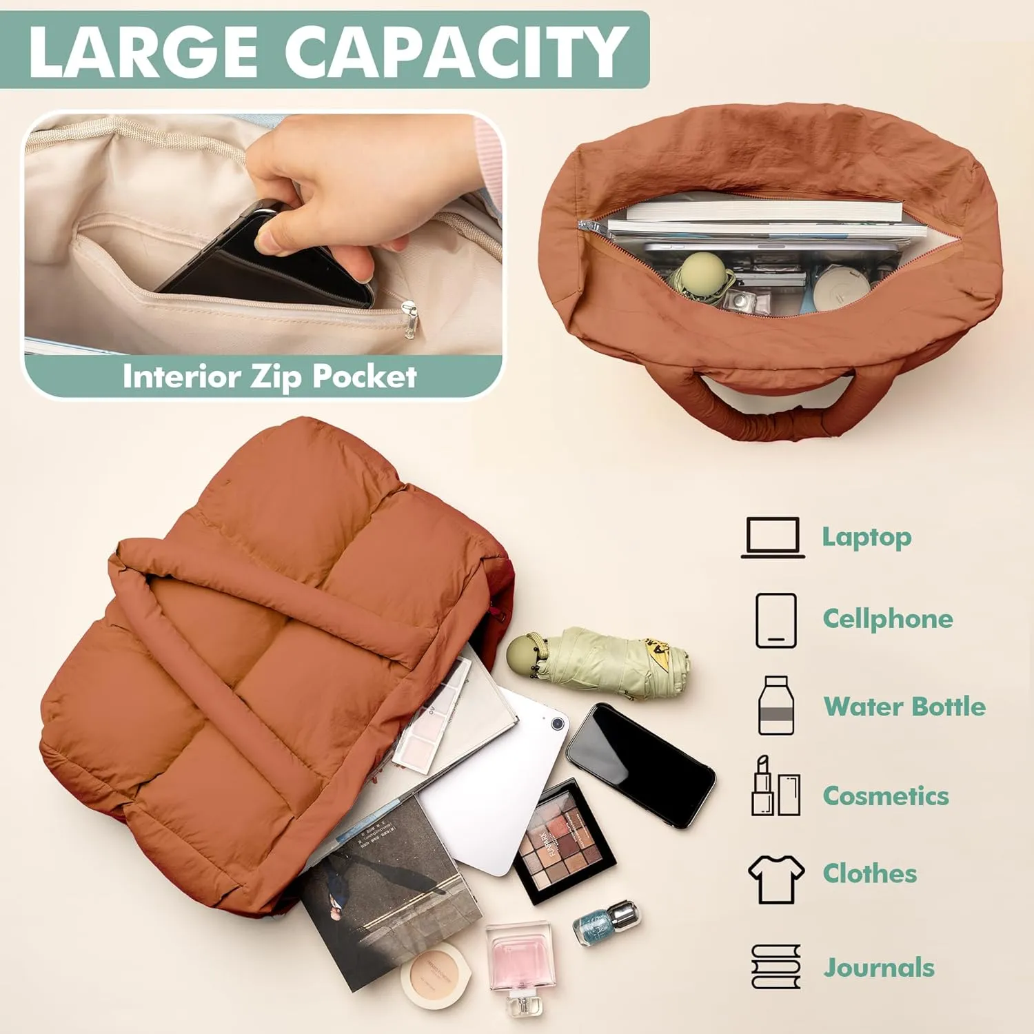 Puffer Tote Bag for Women, Large Quilted Puffy Handbag Lightweight Satchel Purse for Work Travel Gym Shop