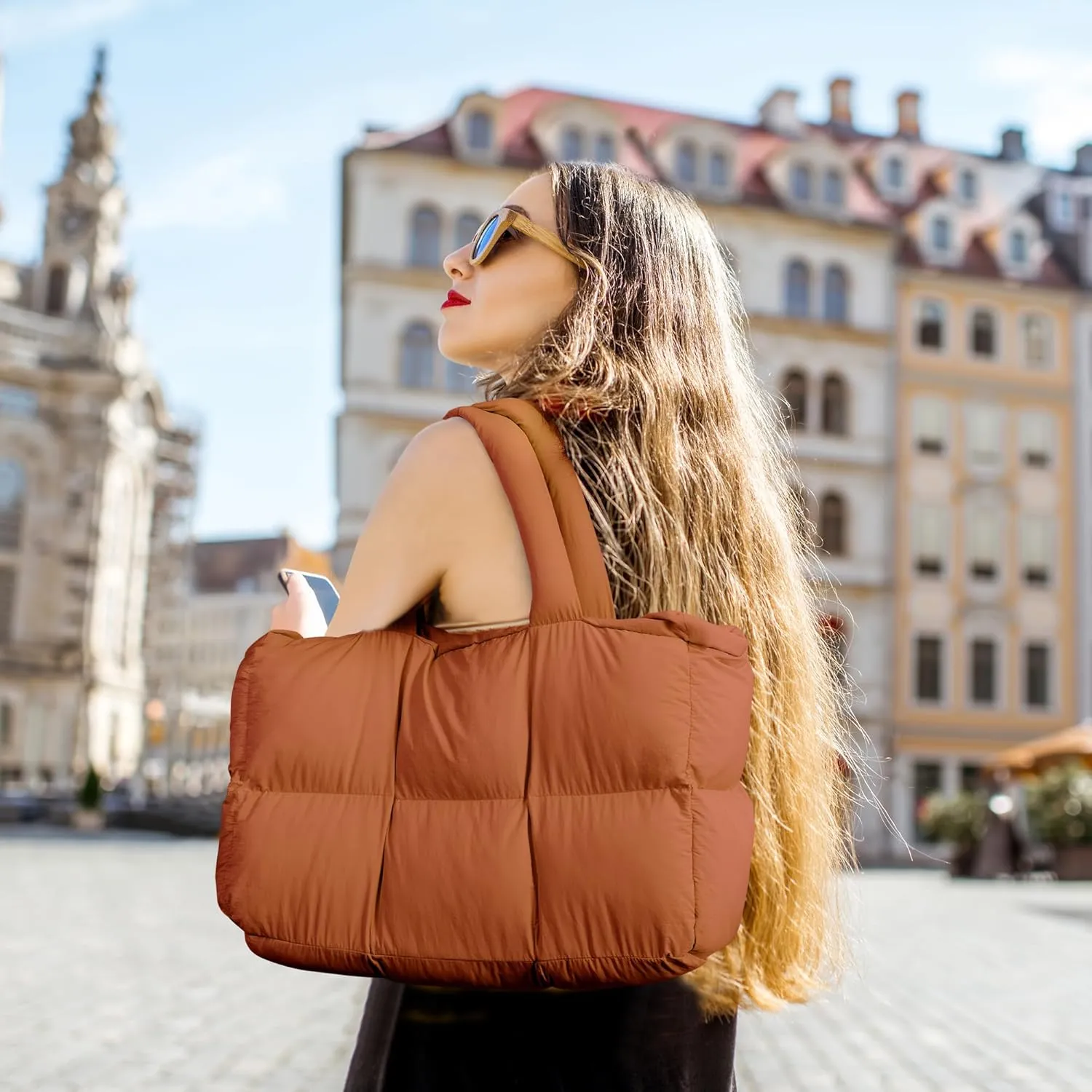 Puffer Tote Bag for Women, Large Quilted Puffy Handbag Lightweight Satchel Purse for Work Travel Gym Shop