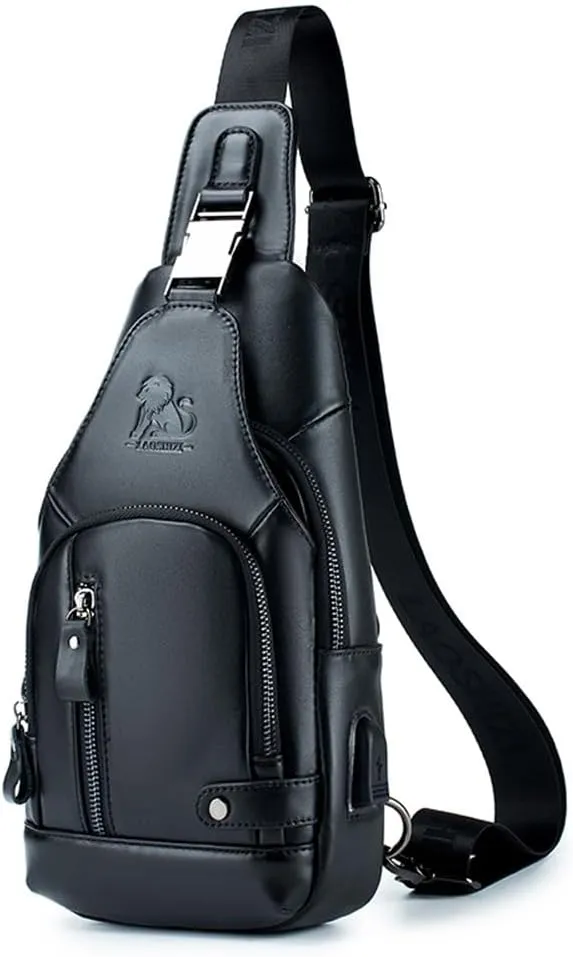 Pundarika Leather Sling Bag for Men, Small Crossbody Shoulder Bag, Men's Shoulder Pack Crossbody Sling Backpack - Black