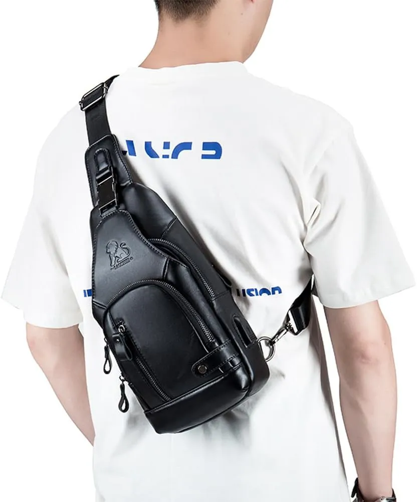 Pundarika Leather Sling Bag for Men, Small Crossbody Shoulder Bag, Men's Shoulder Pack Crossbody Sling Backpack - Black