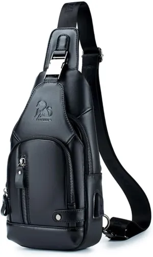 Pundarika Leather Sling Bag for Men, Small Crossbody Shoulder Bag, Men's Shoulder Pack Crossbody Sling Backpack - Black