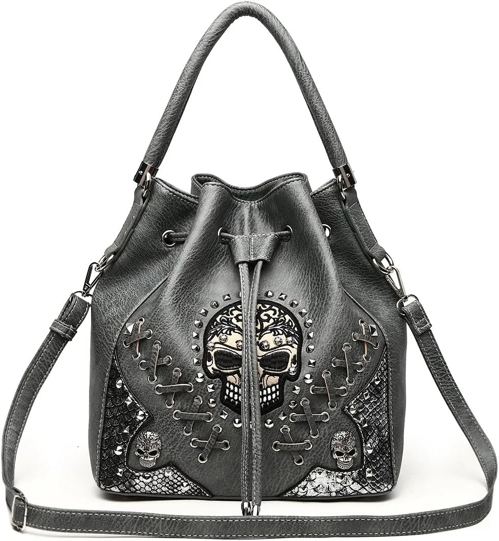 Punk Gothic Rock Metallic Skull Rivet Studded Skeleton Purse Sugar Skull Women Handbag Fashion Shoulder Bag Wallet Set