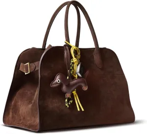 Purely Hand-Sewn Luxury Suede Leather Tote Bag, HOBO bag, Purse for women,Spacious Travel Handbag for Women, Dark Brown，with a Mini Cute Dog bag accsssory