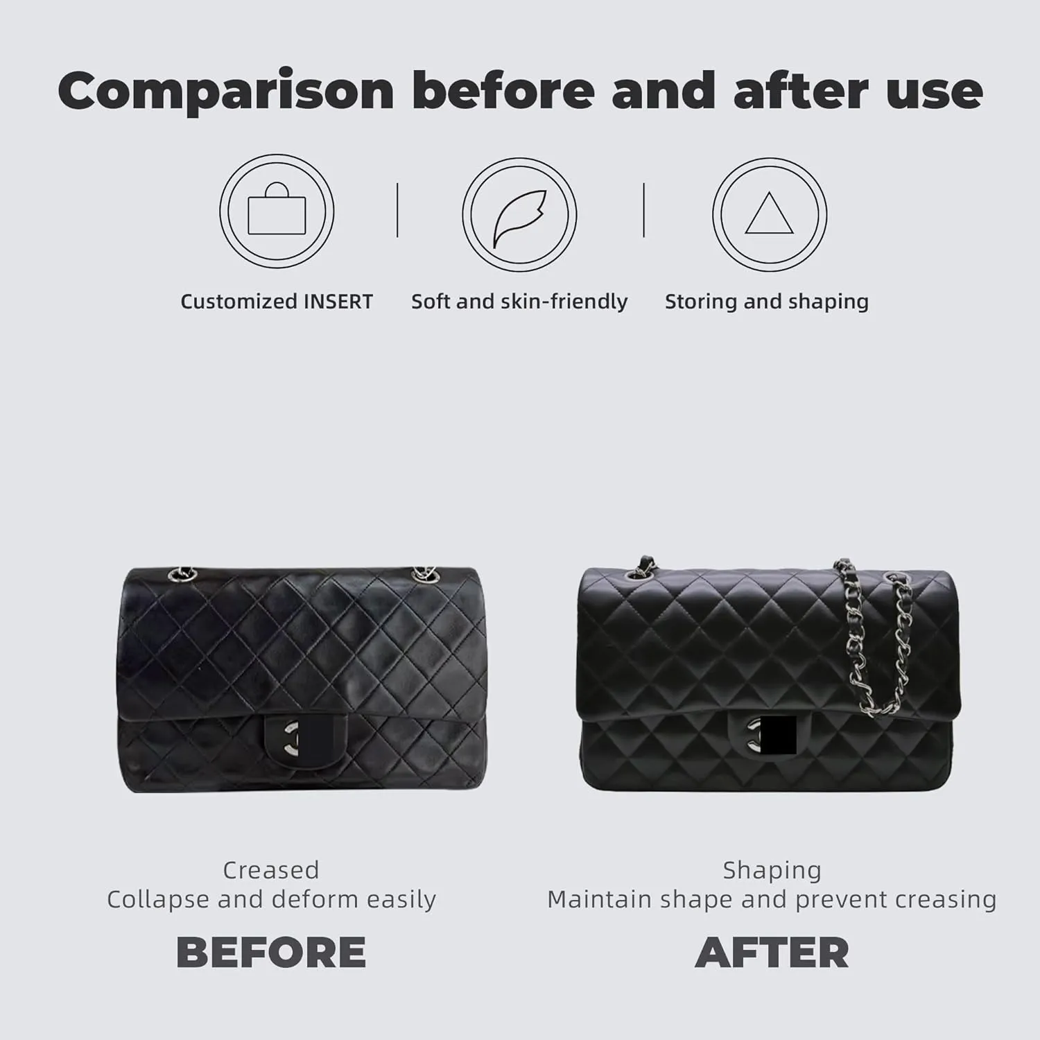 Purse Handbag Silky Organizer Insert Keep Bag Shape Fits Chanel Classic Flap CF Mini Square 17/20/Small/Medium/Jumbo/Maxi Bags, Luxury Handbag Tote Lightweight Sturdy(CF Mini 20,Black)