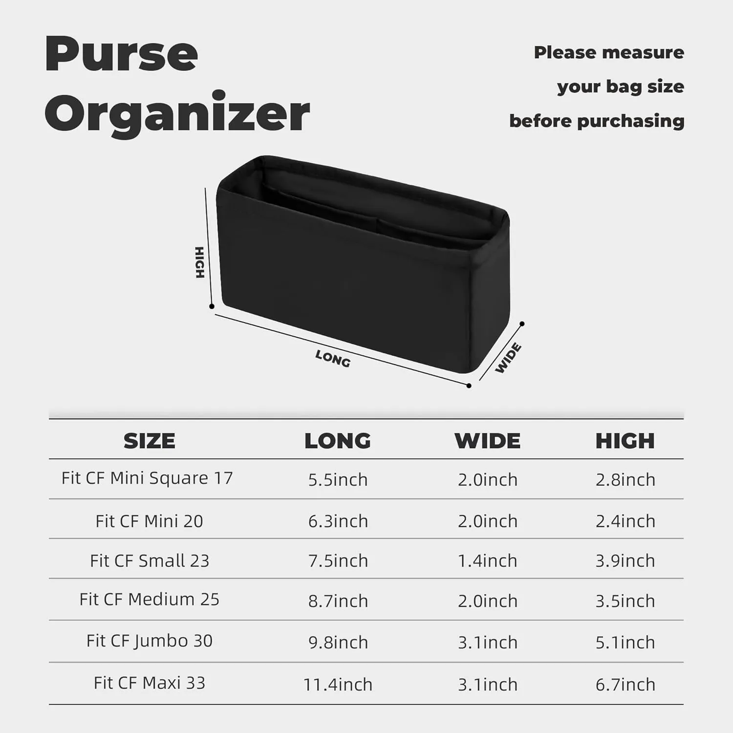 Purse Handbag Silky Organizer Insert Keep Bag Shape Fits Chanel Classic Flap CF Mini Square 17/20/Small/Medium/Jumbo/Maxi Bags, Luxury Handbag Tote Lightweight Sturdy(CF Mini 20,Black)