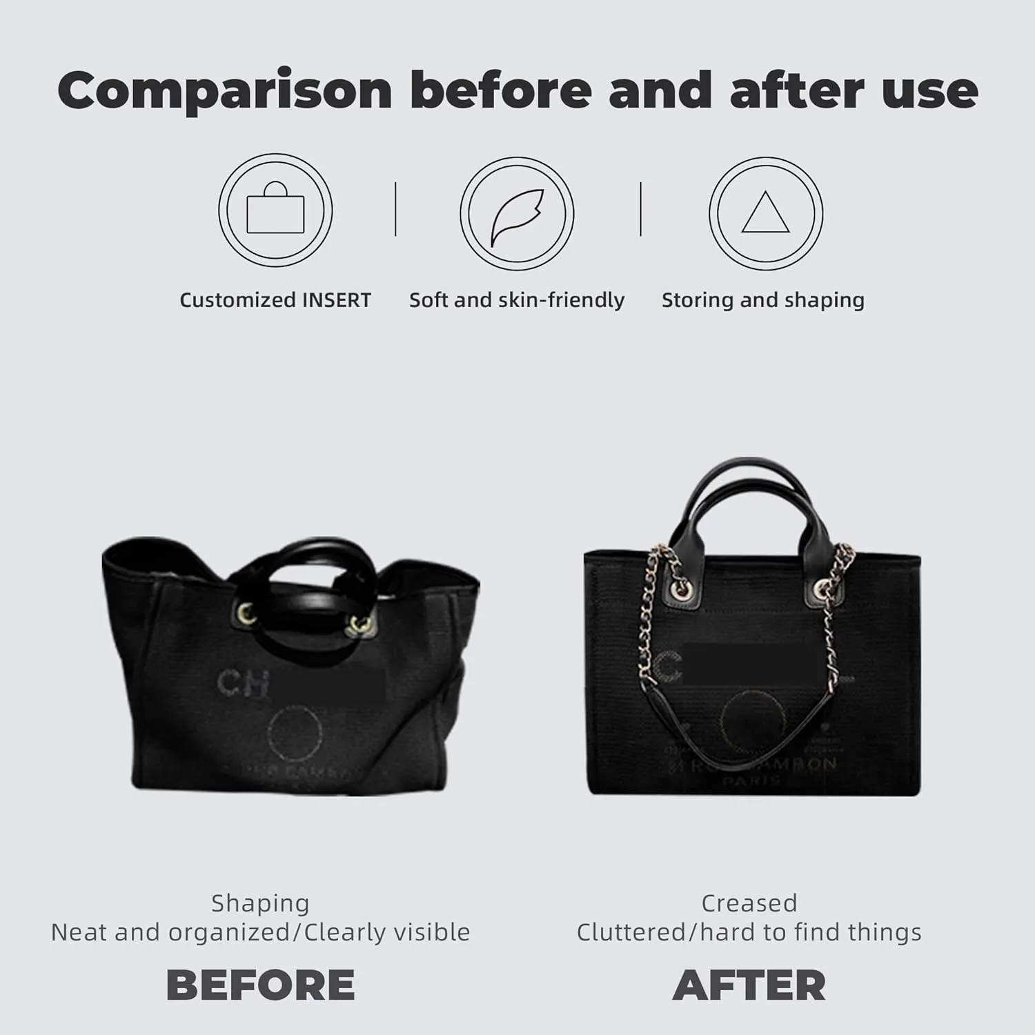 Purse Handbag Silky Organizer Insert Keep Bag Shape Fits Chanel Deauville Canvas Bags S/M/L bags, Luxury Handbag Tote Lightweight Sturdy(New Small,Black)