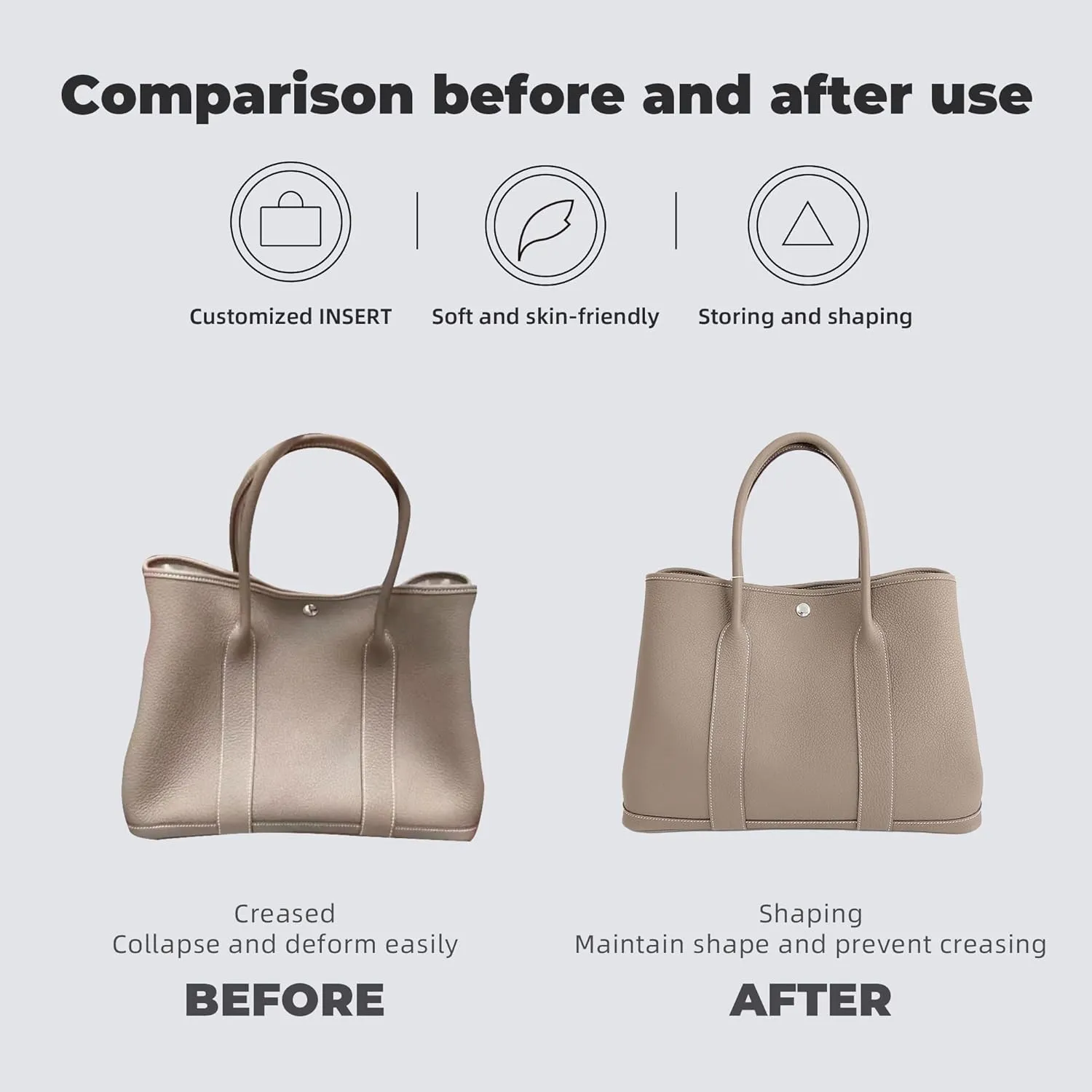 Purse Handbag Silky Organizer Insert Keep Bag Shape Fits Garden Party 26/30/36/49 Bags, Luxury Handbag Tote Lightweight Sturdy(GP 30,Etoupe grey)