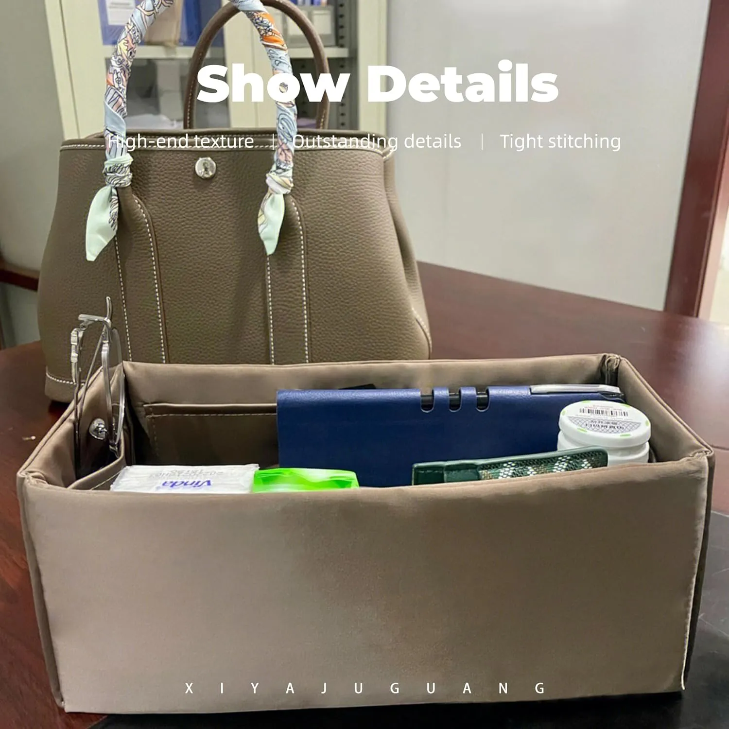 Purse Handbag Silky Organizer Insert Keep Bag Shape Fits Garden Party 26/30/36/49 Bags, Luxury Handbag Tote Lightweight Sturdy(GP 30,Etoupe grey)