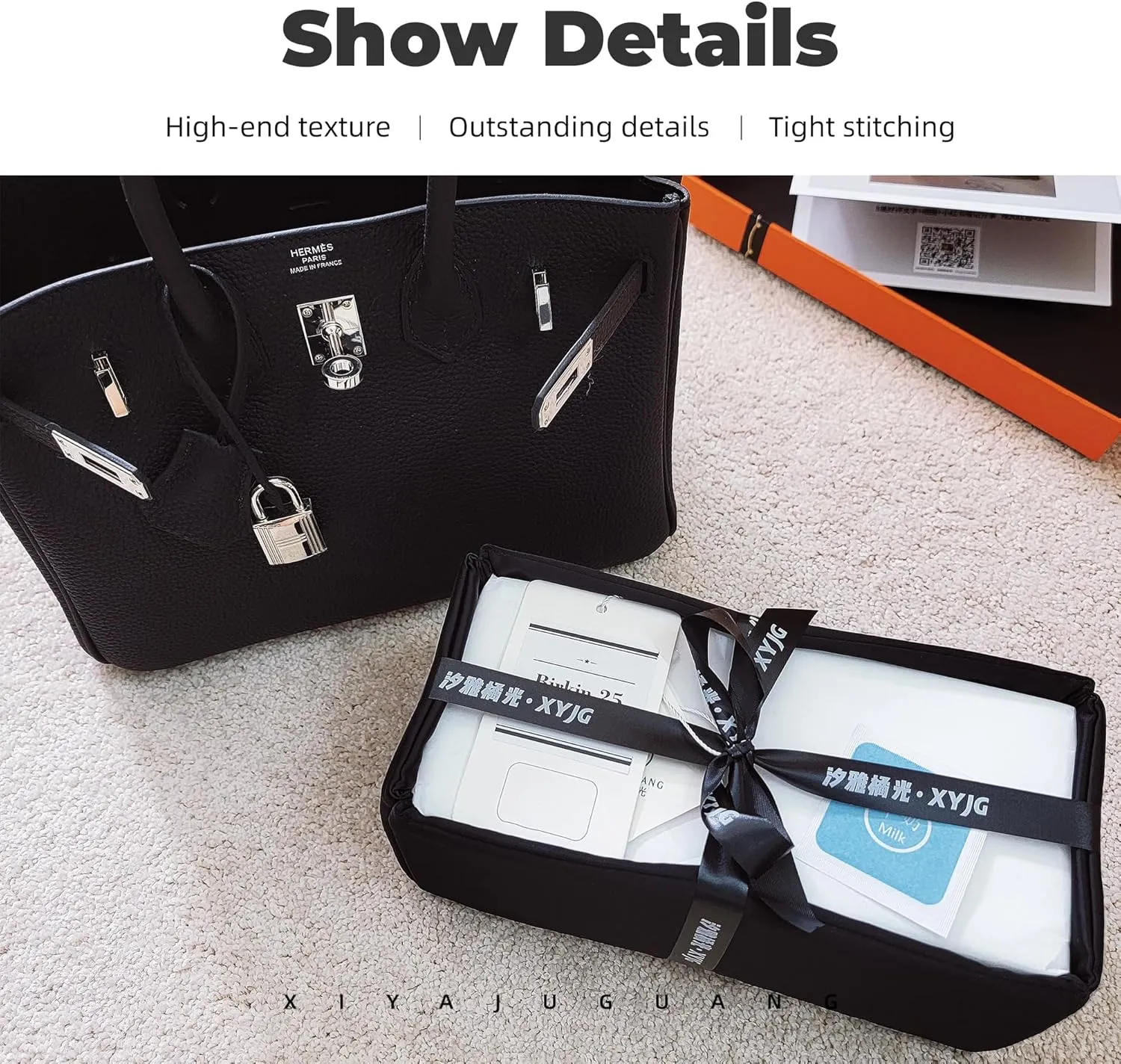 Purse Handbag Silky Organizer Insert Keep Bag Shape Fits Herme Birkin 20/25/30/35/40 bags, Luxury Handbag Tote Lightweight Sturdy(Black,BK 25)