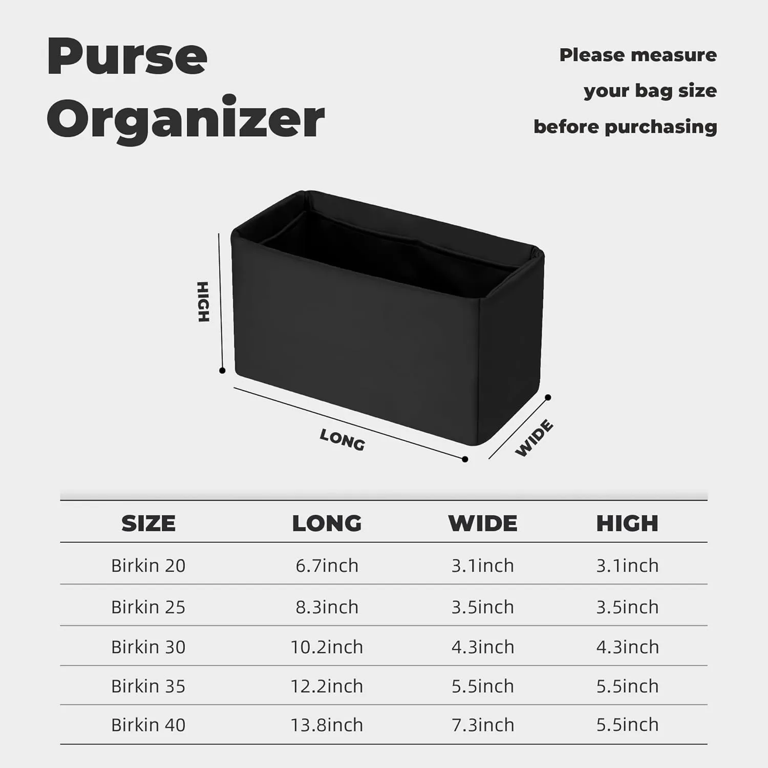Purse Handbag Silky Organizer Insert Keep Bag Shape Fits Herme Birkin 20/25/30/35/40 bags, Luxury Handbag Tote Lightweight Sturdy(Black,BK 25)