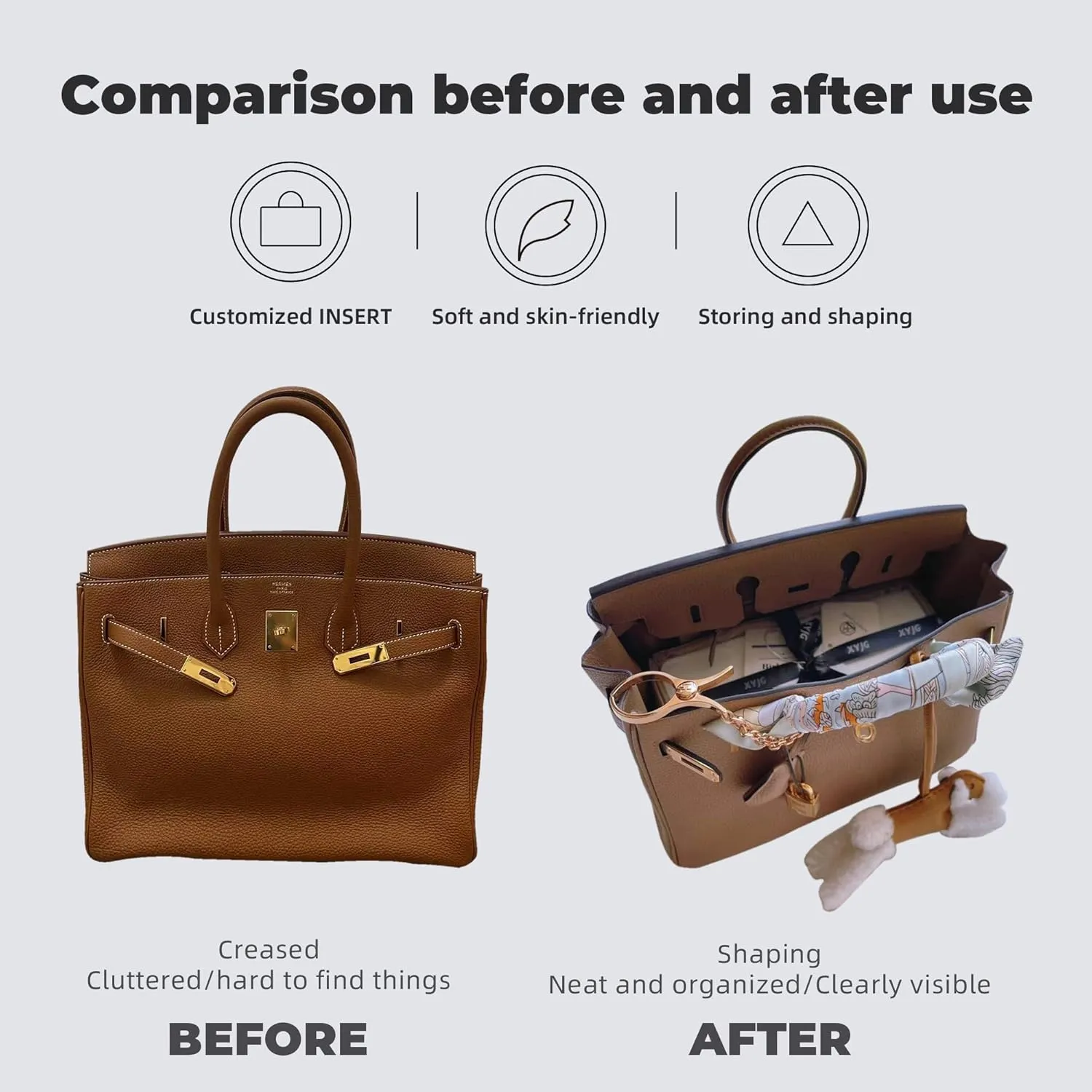 Purse Handbag Silky Organizer Insert Keep Bag Shape Fits Herme Birkin 20/25/30/35/40 bags, Luxury Handbag Tote Lightweight Sturdy(Craie,BK 25)