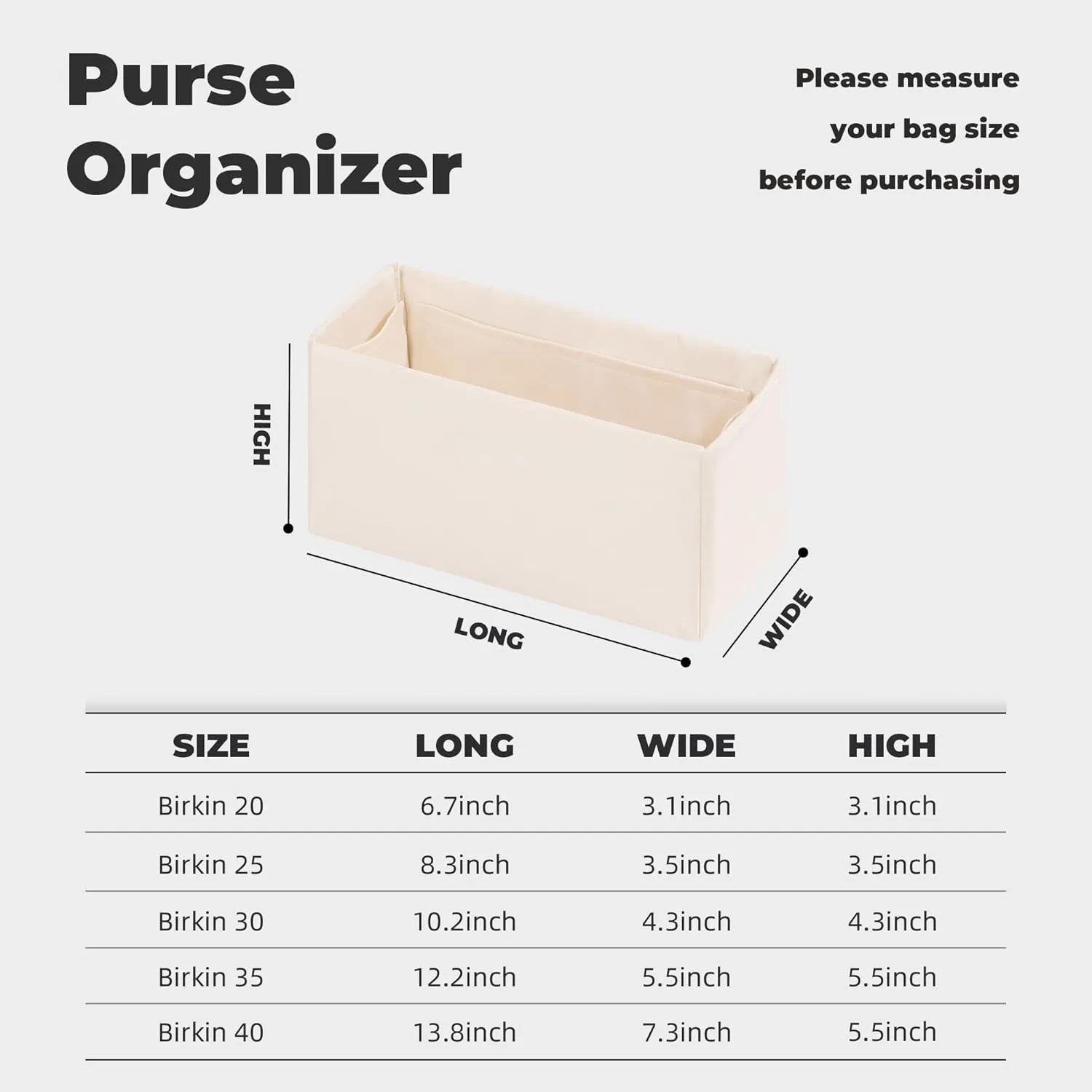Purse Handbag Silky Organizer Insert Keep Bag Shape Fits Herme Birkin 20/25/30/35/40 bags, Luxury Handbag Tote Lightweight Sturdy(Craie,BK 25)