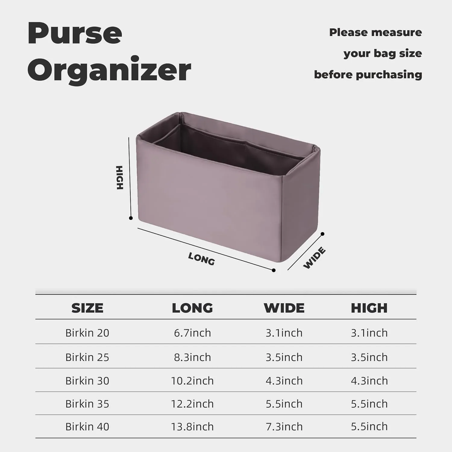 Purse Handbag Silky Organizer Insert Keep Bag Shape Fits Herme Birkin 20/25/30/35/40 bags, Luxury Handbag Tote Lightweight Sturdy(Konjac Purple,BK 25)