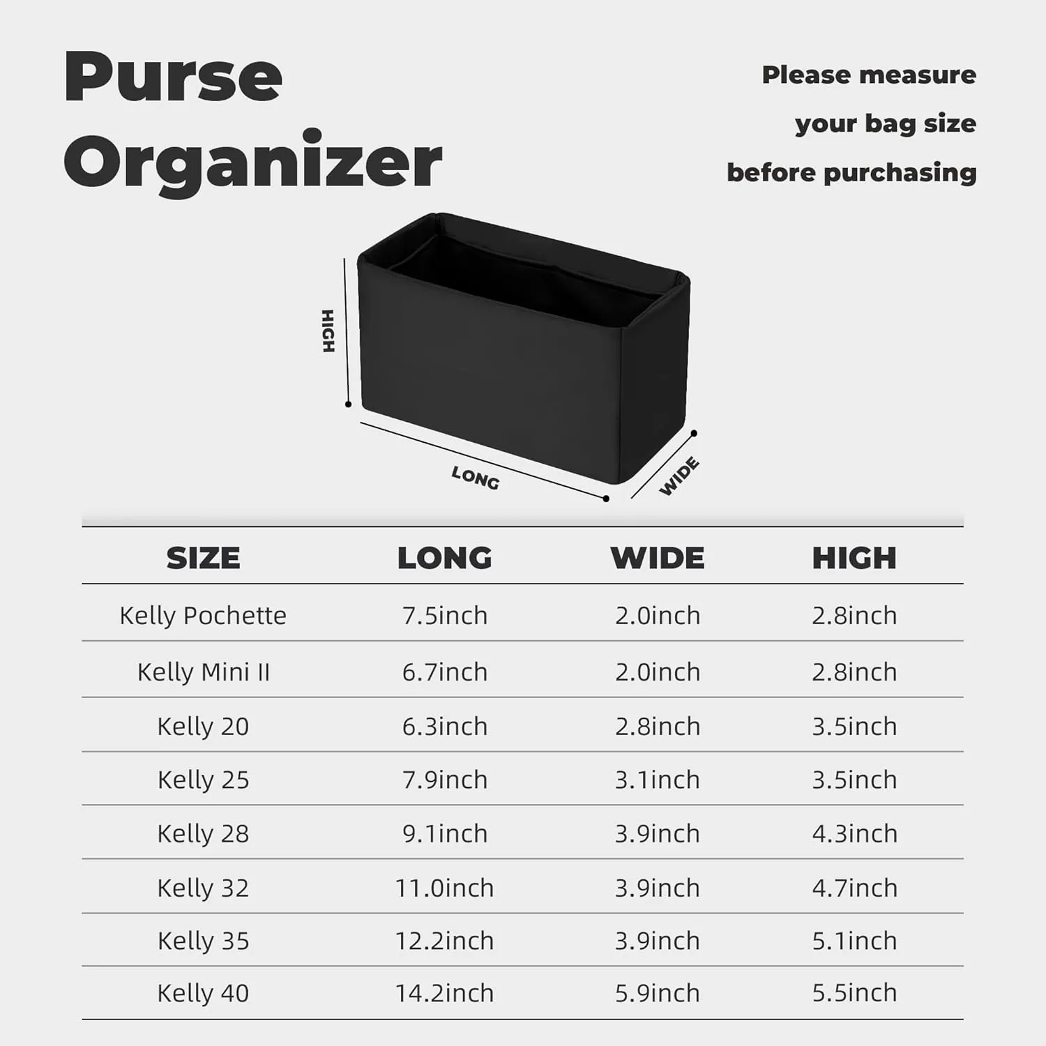 Purse Handbag Silky Organizer Insert Keep Bag Shape Fits Herme Kelly Pochette/Mini/20/25/32/35/40 bags, Luxury Handbag Tote Lightweight Sturdy(Kelly 25,Black)