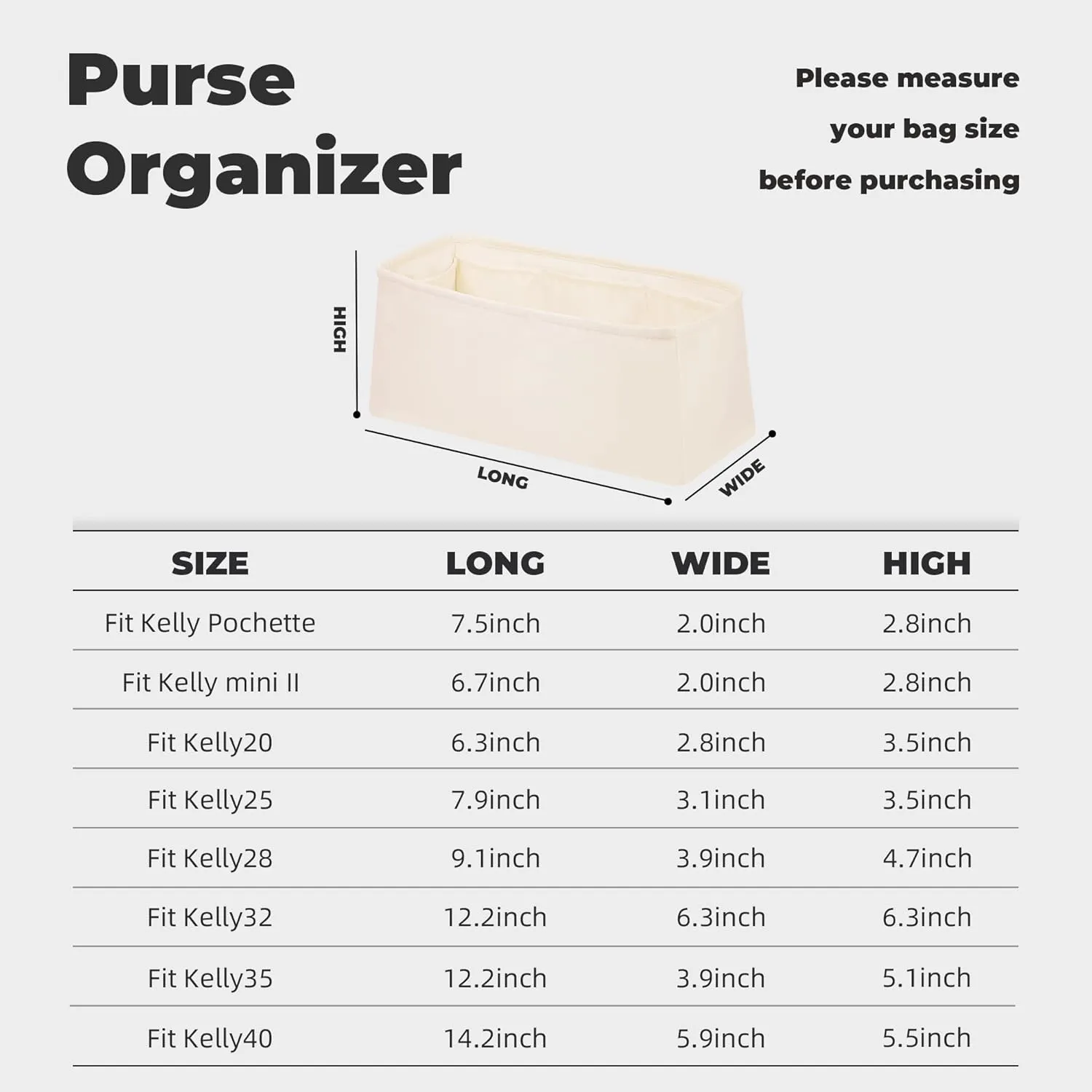 Purse Handbag Silky Organizer Insert Keep Bag Shape Fits Herme Kelly Pochette/Mini2/20/25/32/35/40 bags, Luxury Handbag Tote Lightweight Sturdy(Kelly Mini2,Craie)