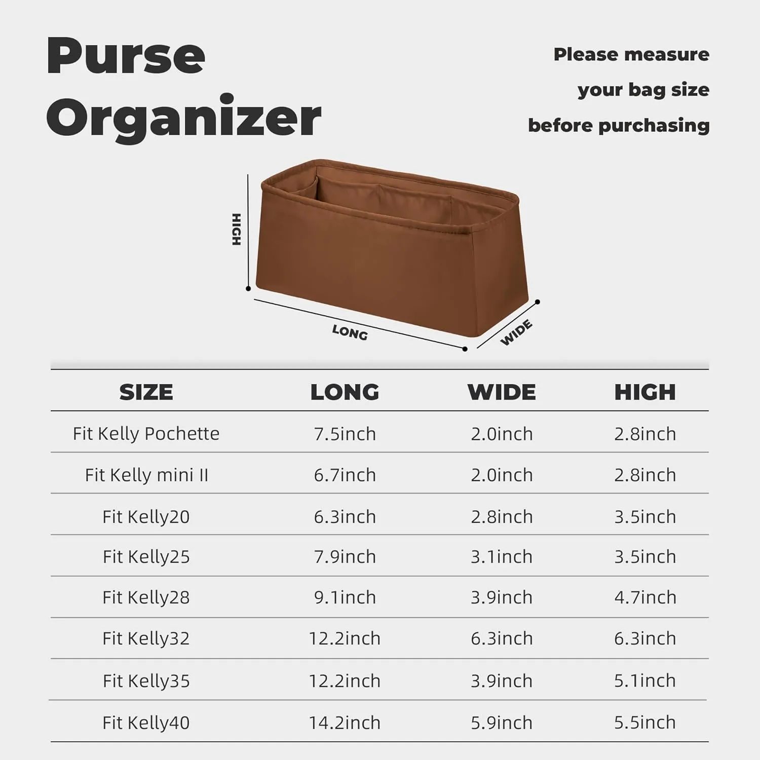 Purse Handbag Silky Organizer Insert Keep Bag Shape Fits Herme Kelly Pochette/Mini2/20/25/32/35/40 bags, Luxury Handbag Tote Lightweight Sturdy(Kelly Mini2,Gold)