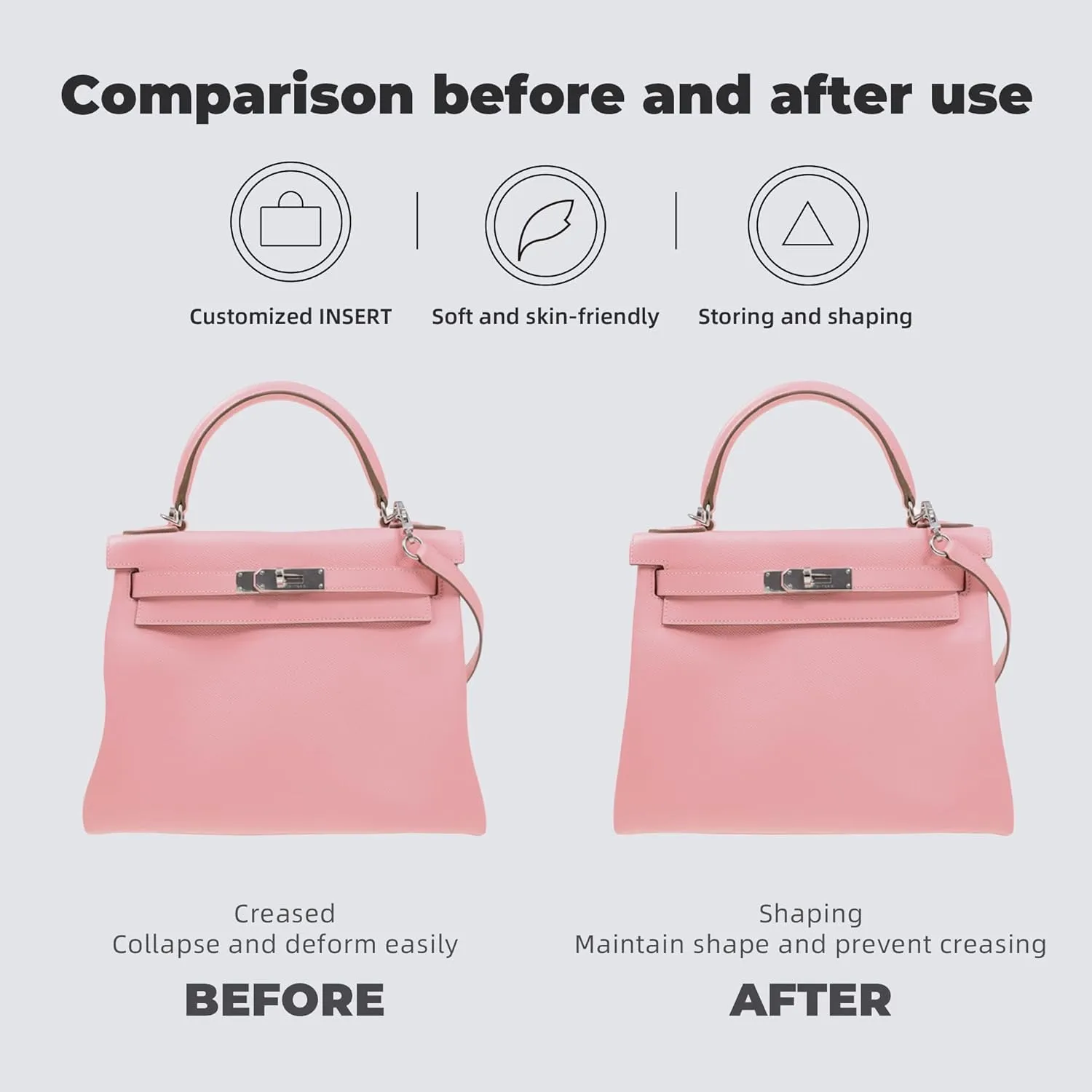 Purse Handbag Silky Organizer Insert Keep Bag Shape Fits Herme Kelly Pochette/Mini2/20/25/32/35/40 bags, Luxury Handbag Tote Lightweight Sturdy(Kelly Mini2,Pink)