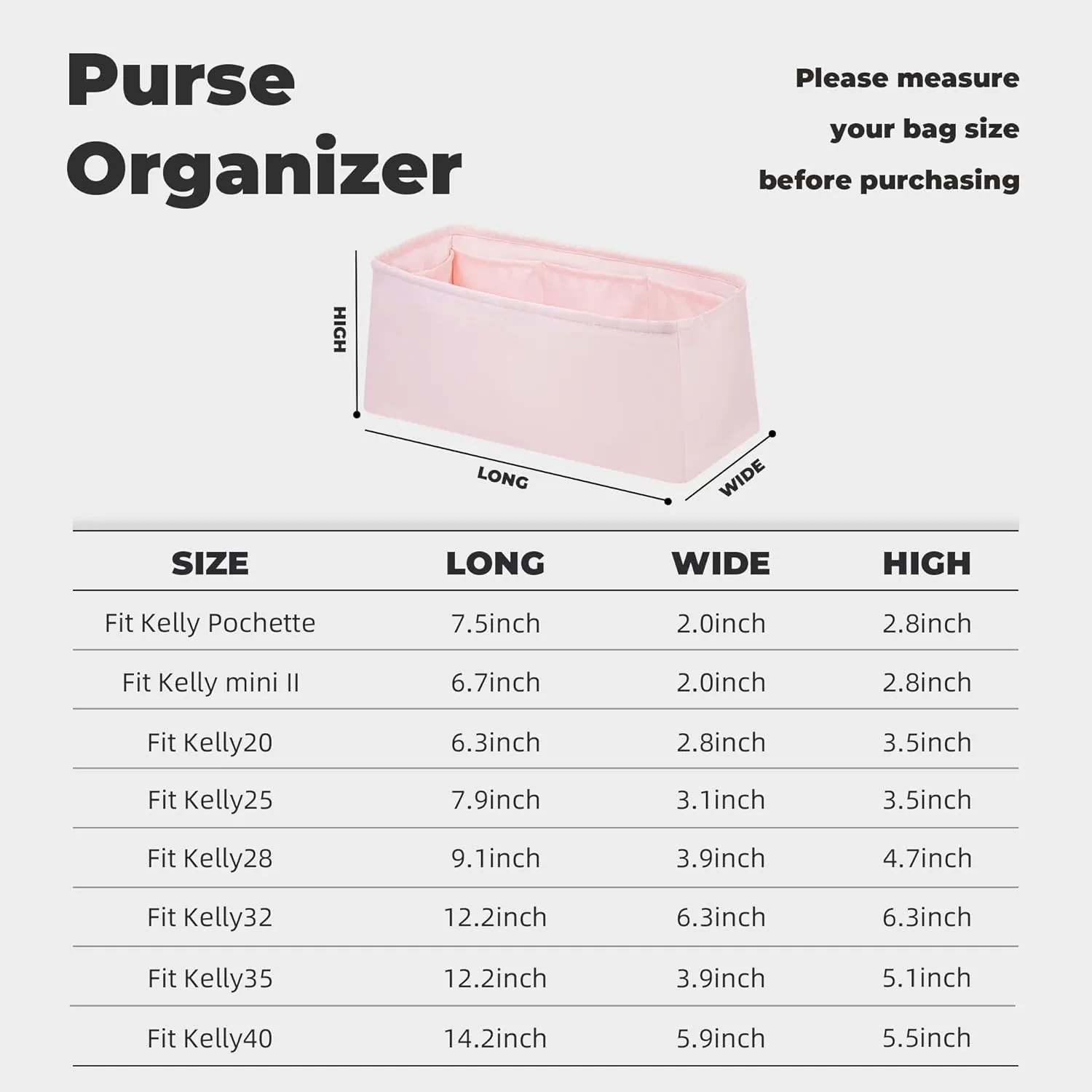 Purse Handbag Silky Organizer Insert Keep Bag Shape Fits Herme Kelly Pochette/Mini2/20/25/32/35/40 bags, Luxury Handbag Tote Lightweight Sturdy(Kelly Mini2,Pink)