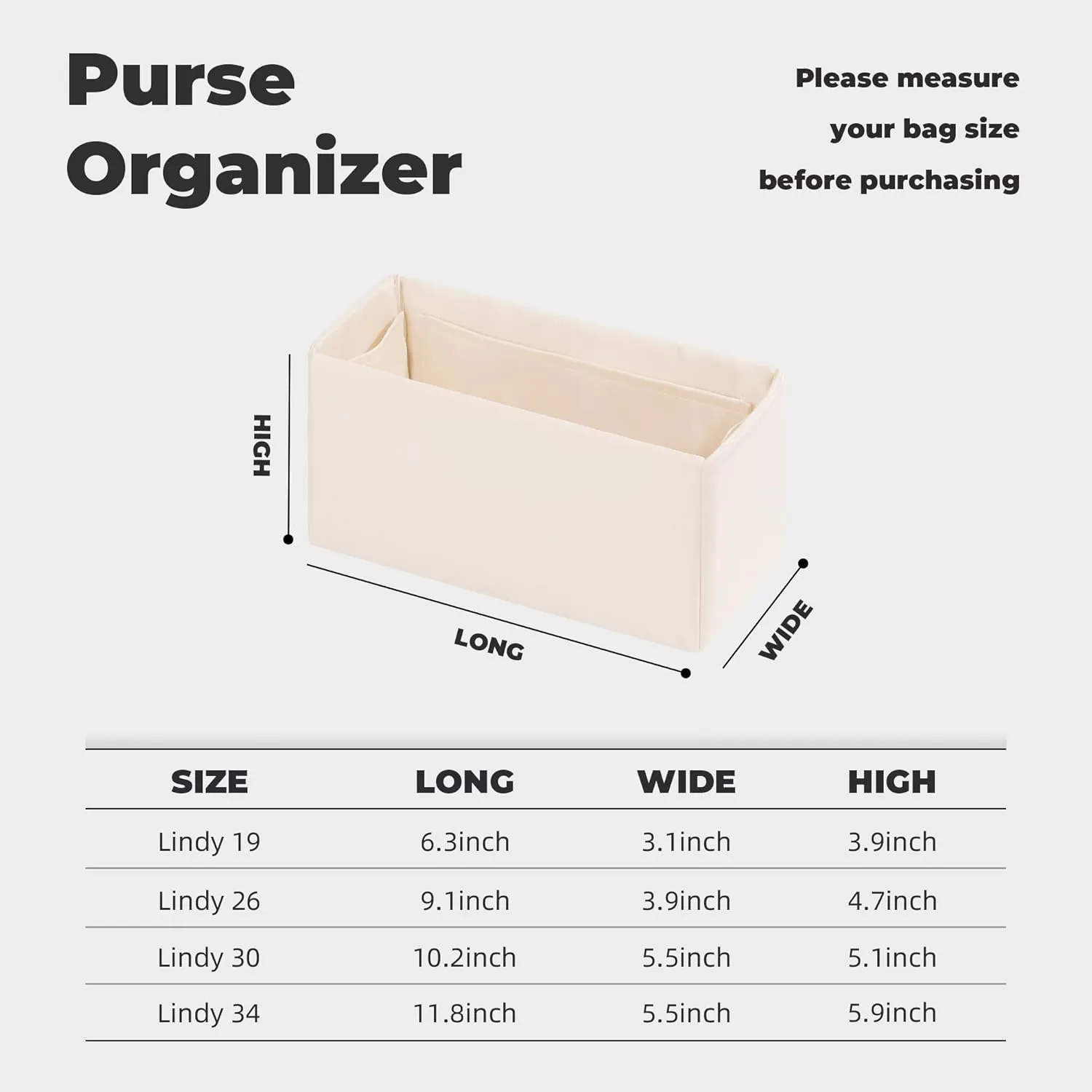 Purse Handbag Silky Organizer Insert Keep Bag Shape Fits Herme Lindy 19/26/30/34 bags, Luxury Handbag Tote Lightweight Sturdy(Craie,LD 30)