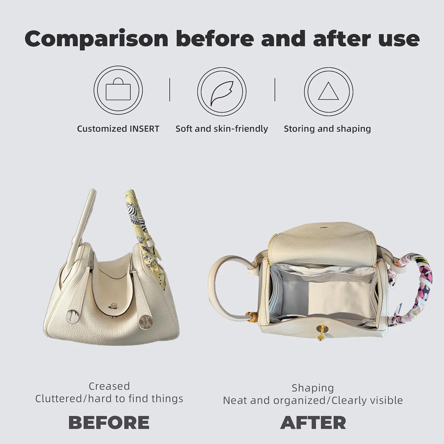 Purse Handbag Silky Organizer Insert Keep Bag Shape Fits Herme Lindy 19/26/30/34 bags, Luxury Handbag Tote Lightweight Sturdy(Craie,LD 30)