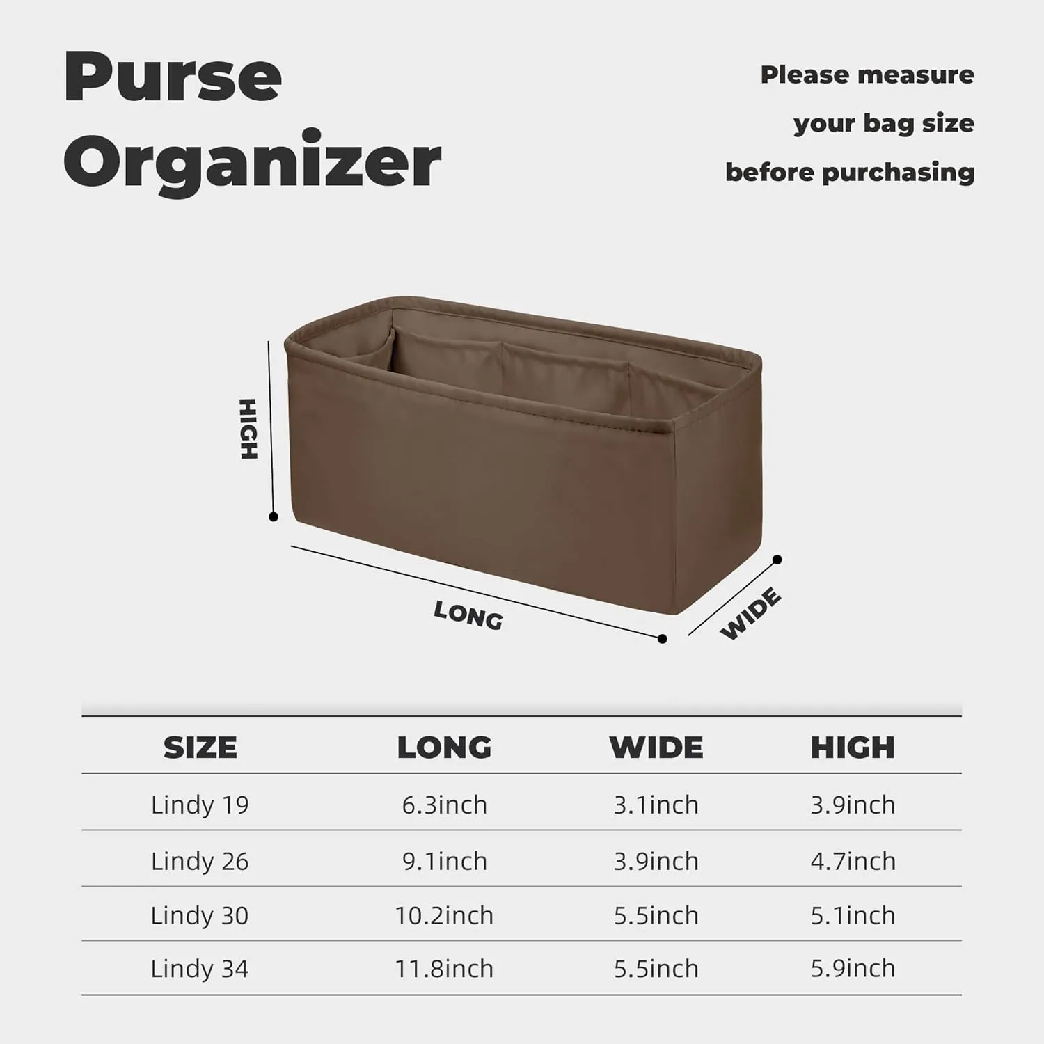 Purse Handbag Silky Organizer Insert Keep Bag Shape Fits Herme Lindy 19/26/30/34 bags, Luxury Handbag Tote Lightweight Sturdy(Etoupe grey,LD 19)