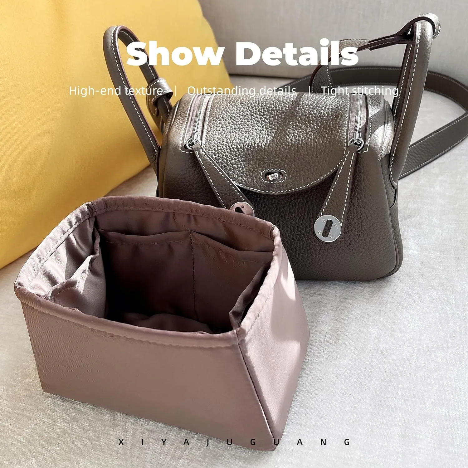 Purse Handbag Silky Organizer Insert Keep Bag Shape Fits Herme Lindy 19/26/30/34 bags, Luxury Handbag Tote Lightweight Sturdy(Etoupe grey,LD 19)
