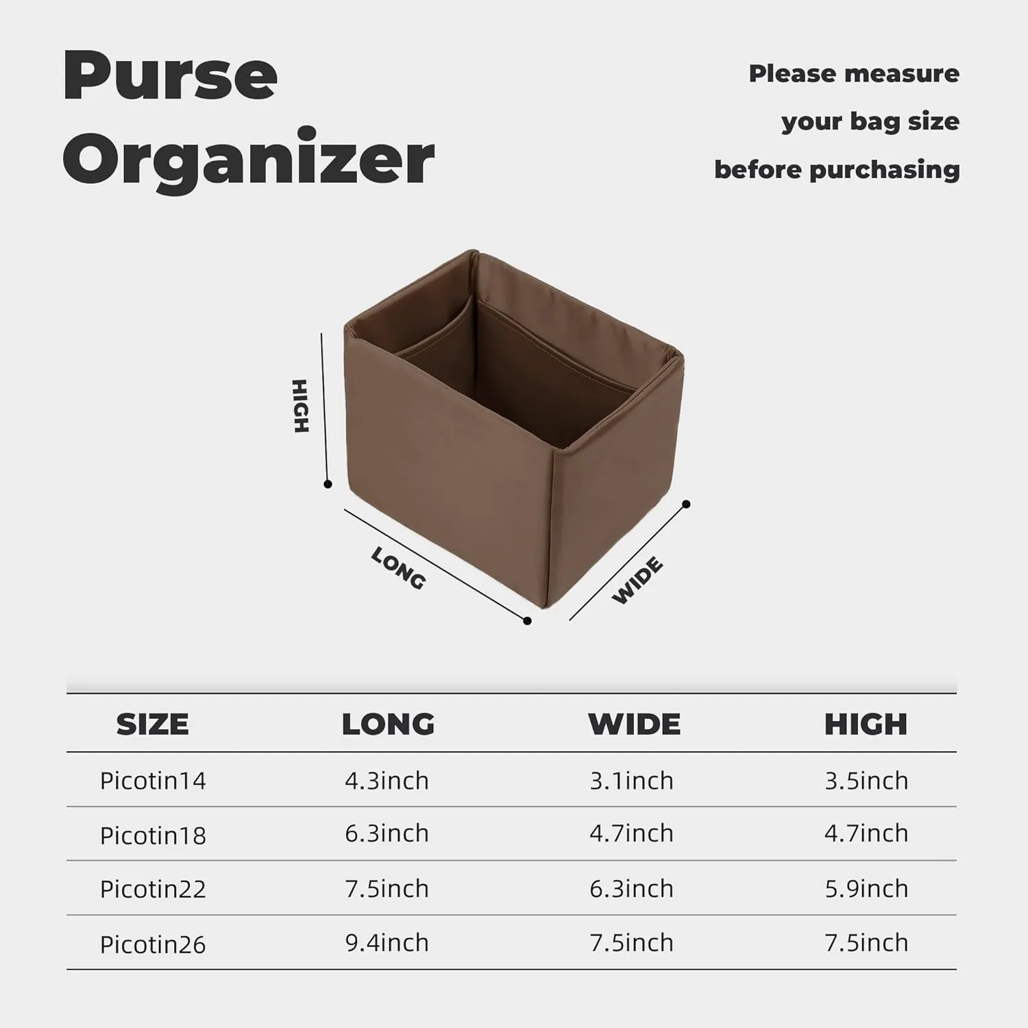 Purse Handbag Silky Organizer Insert Keep Bag Shape Fits Herme Picotin 14/18/22/26 bags, Luxury Handbag Tote